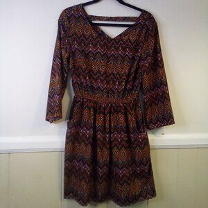 Alythea Dress Women S 3/4 Sleeve Back Cut-Out Pockets Pattern Red Blue Yellow